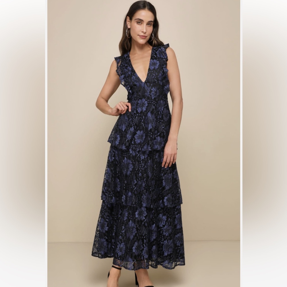 Lulu's Navy Floral Lace High Low Dress